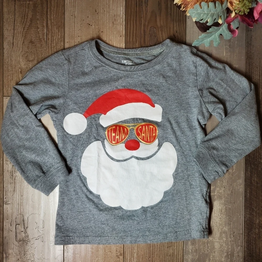 Carter's Kid Size 5/5A Gray Team Santa Cotton Graphic Print Long Sleeve Tee NWOT
